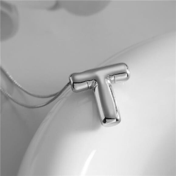 Silver Initial Pendant Necklace – Personalized Letter “T” Trendy Stuffed Bubble - Picture 2 of 5